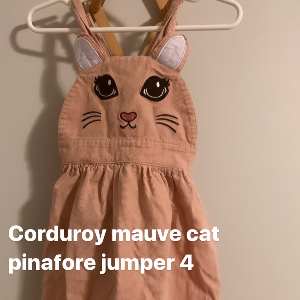Corduroy pinafore mauve cat jumper size 4